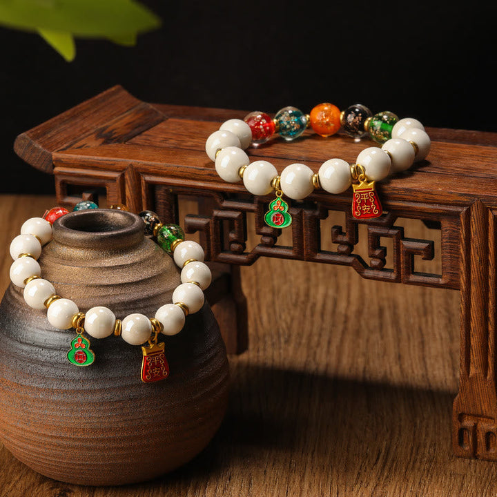 BWOOOH Tibetan Incense Ash Porcelain Luminous Fluorescent Liuli Glass Bead Gourd Copper Coin Charm Peace Bracelet