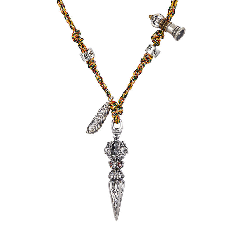 BWOOOH Tibetan Handmade 925 Sterling Silver Dorje Vajra Om Mani Padme Hum Feather Strength Necklace Pendant