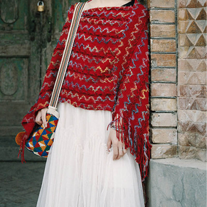 BWOOOH Tibetan Colorful Striped Shawl Tassels Pullover Wi