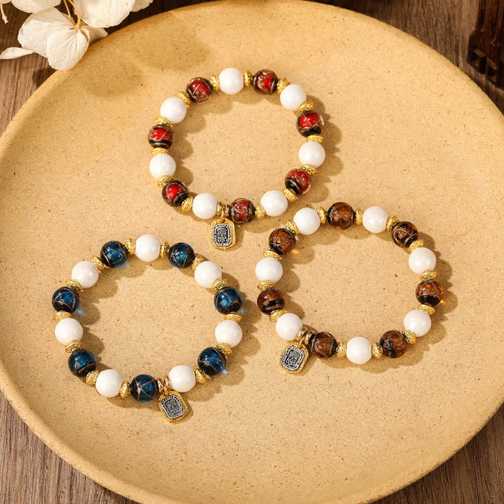 BWOOOH Tibetan Zakiram Goddess of Wealth Charm Liuli Glass Incense Ash Porcelain Bead Protection Bracelet