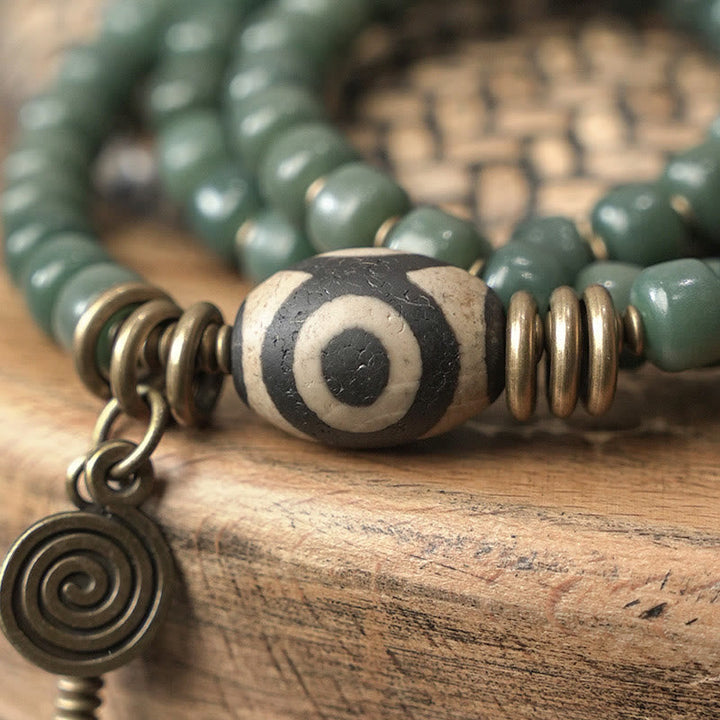 Buddha Stones Cyan Bodhi Seed Dzi Bead Wisdom Peace Triple Wrap Bracelet