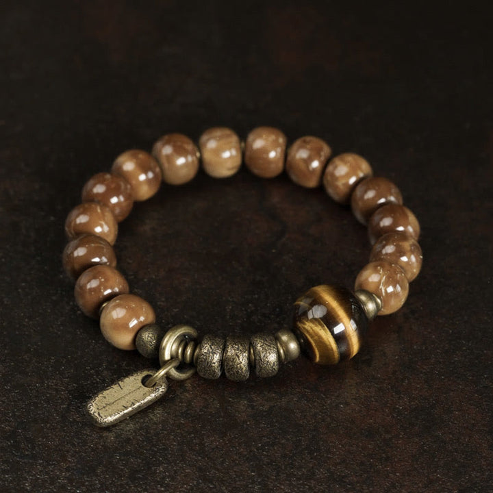 BWOOOH Kuka Seed Tiger Eye Gold Sheen Obsidian Brass Copper Wealth Luck Bracelet