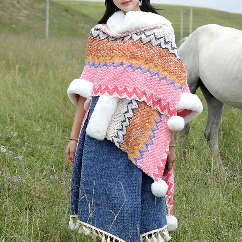BWOOOH Tibetan Multicolored Wavy Lines Knitted Striped Sh