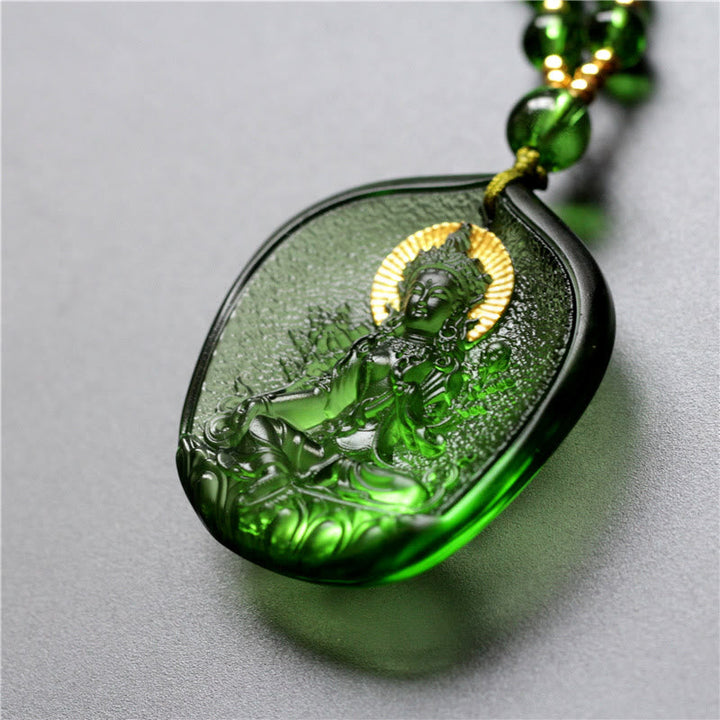 BWOOOH Tibetan Green Tara Buddha Gold Plated Liuli Crystal Protection Necklace Pendant