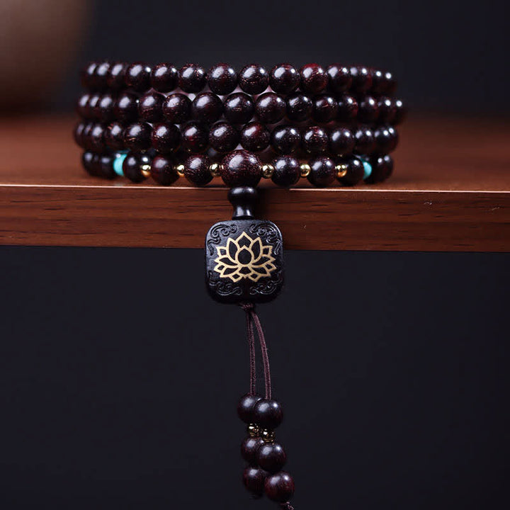 BWOOOH 108 Mala Beads Tibetan Small Leaf Red Sandalwood Lotus Balance Bracelet
