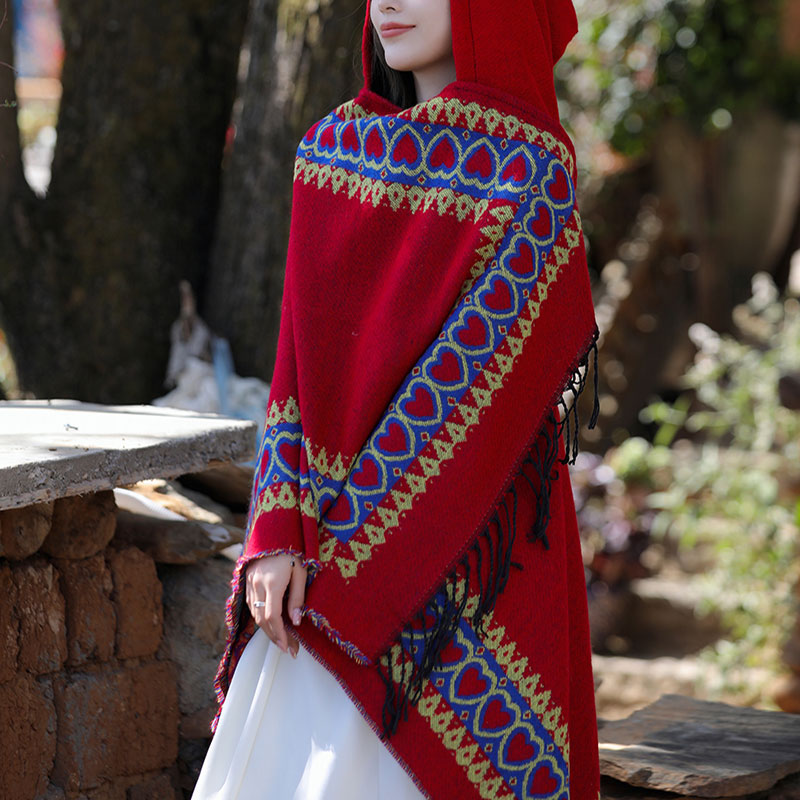 BWOOOH Tibetan Shawl Red Love Heart Tassel Hooded Cloak W