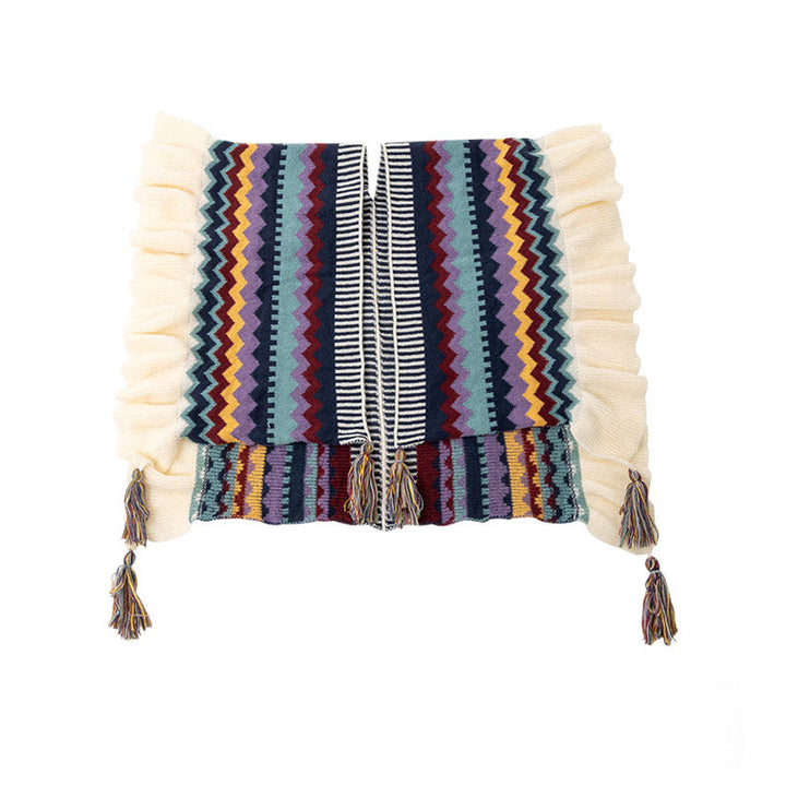 BWOOOH Tibetan Shawl Colorful Striped Wavy Line Tassels W