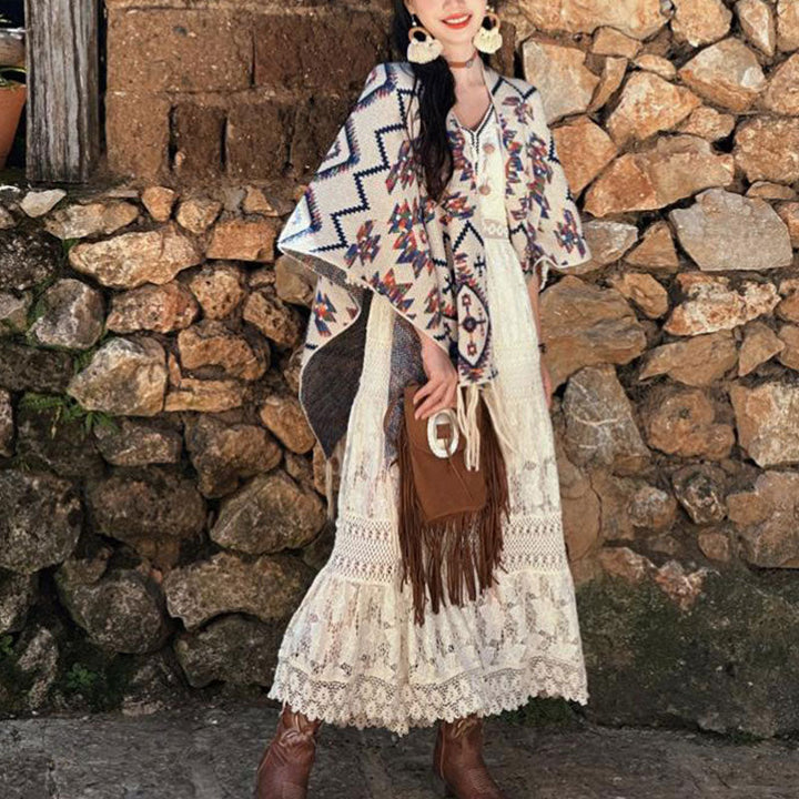 BWOOOH Tibetan Shawl Striped Geometry Pattern Winter Cozy