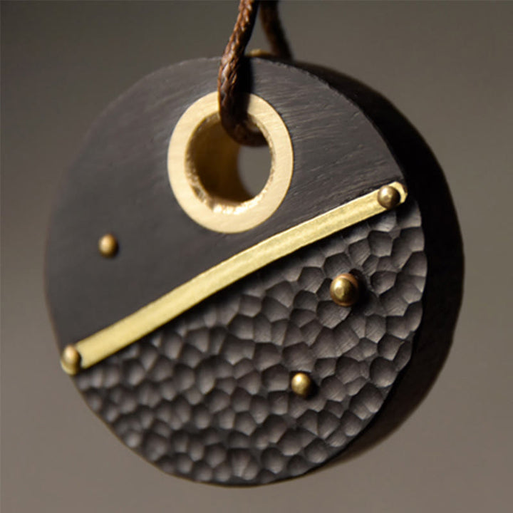BWOOOH Handcrafted Round Ebony Wood Brass Copper Peace Necklace Pendant