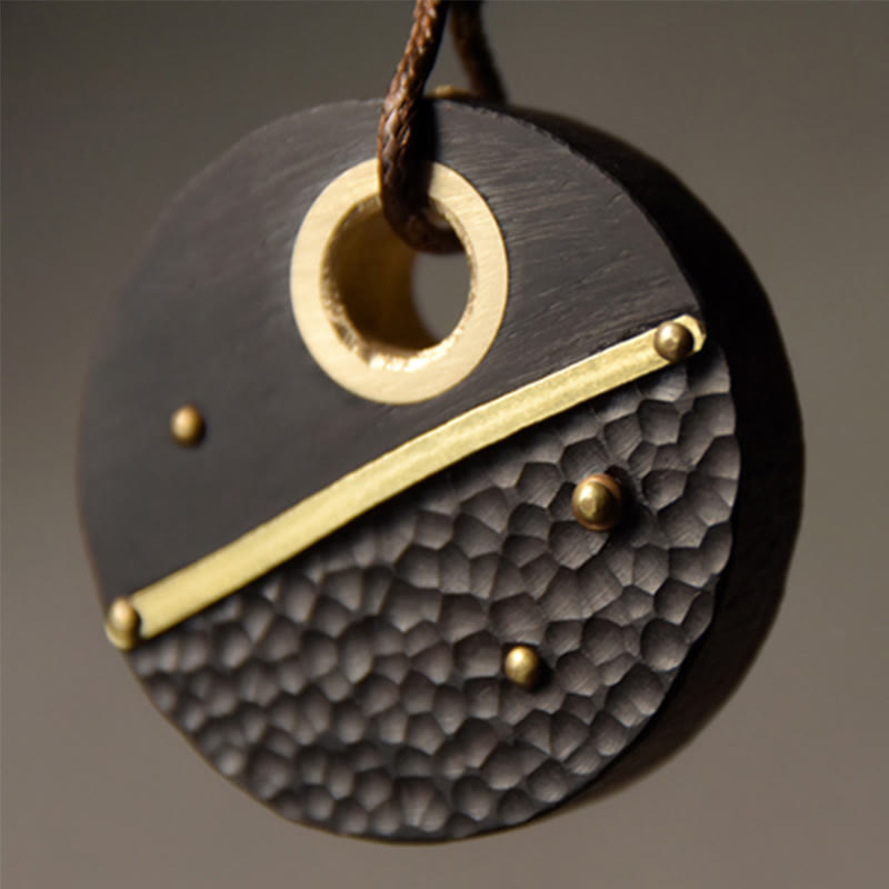 BWOOOH Handcrafted Round Ebony Wood Brass Copper Peace Necklace Pendant