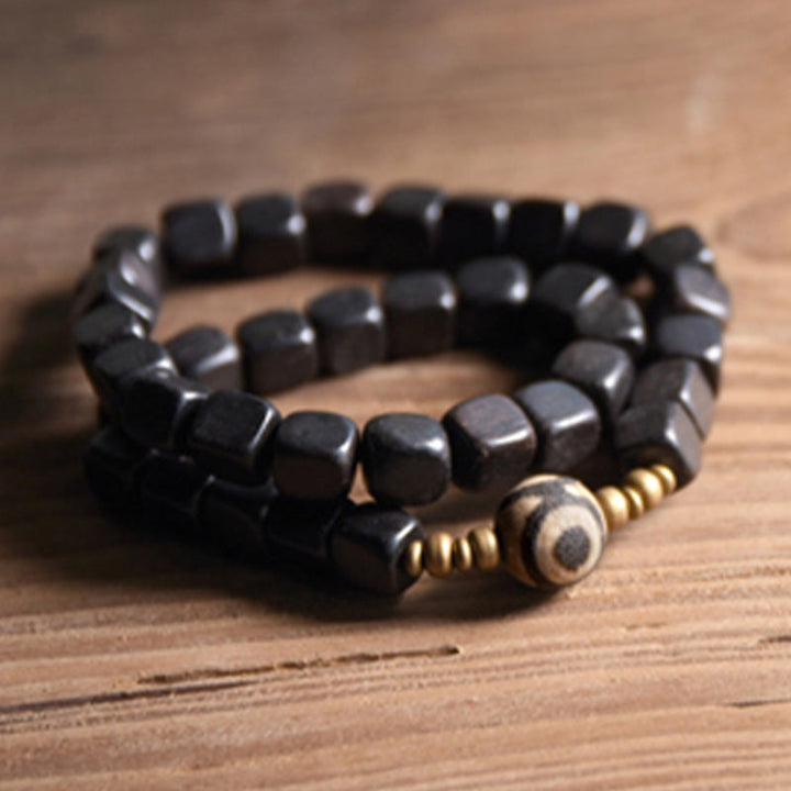 BWOOOH Ebony Wood Dzi Bead Copper Peace Couple Bracelet