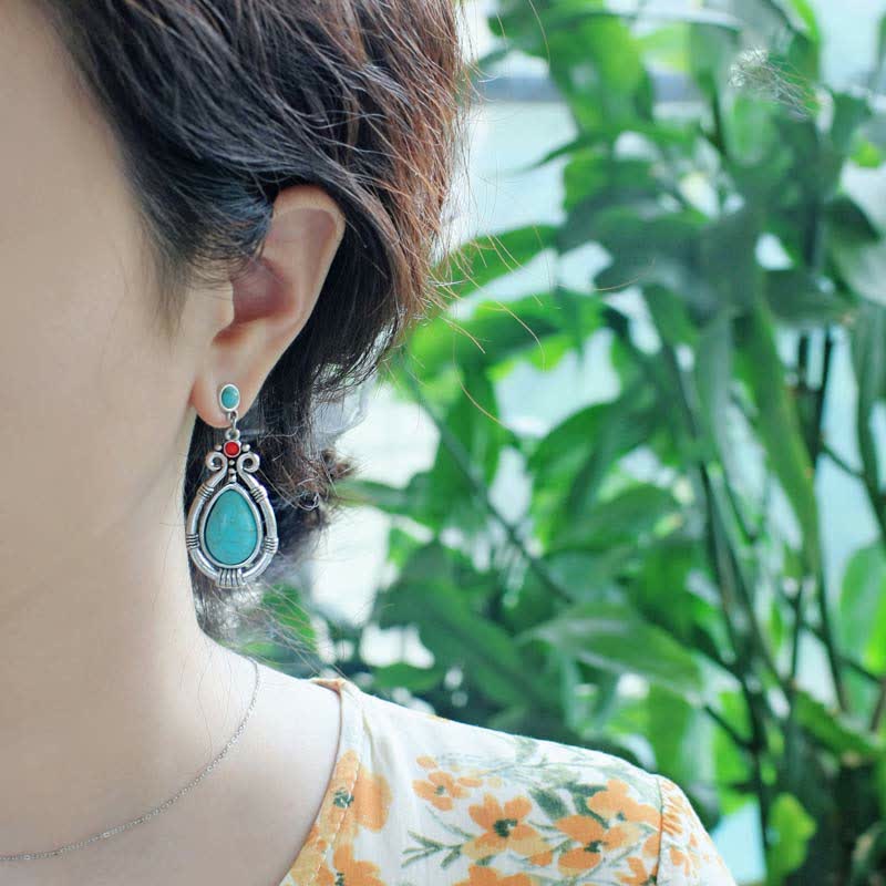 BWOOOH Tibet Vintage Turquoise Waterdrop Strength Drop Dangle Earrings Clips