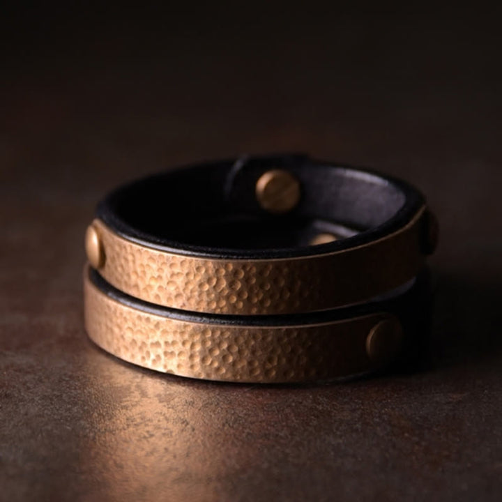 BWOOOH Vintage Handmade Texture Copper Brass Leather Wealth Bracelet Bangle