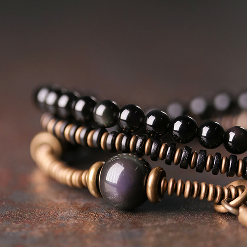 BWOOOH Rainbow Obsidian Ebony Wood Copper Healing Triple Wrap Bracelet