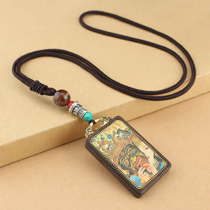 BWOOOH Tibet God of Wealth Thangka Ebony Peace Necklace Pendant — ebony wood pendant with Five Wealth Gods thangka for abundance, calm and protection