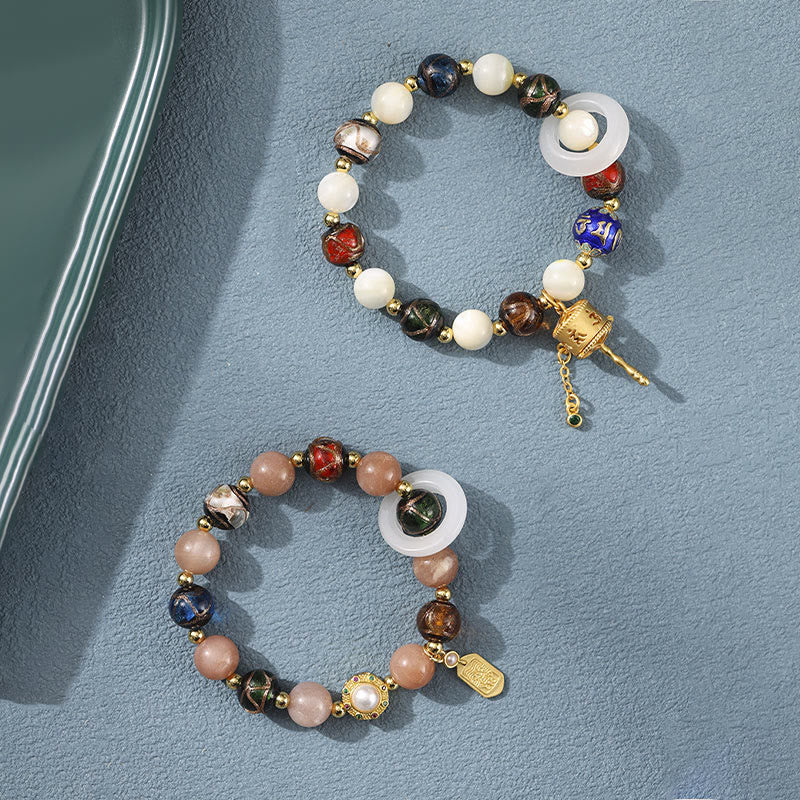 BWOOOH Tibetan Incense Ash Liuli Glass Tridacna Stone Sun Stone Om Mani Padme Hum Prayer Wheel Charm Bracelet
