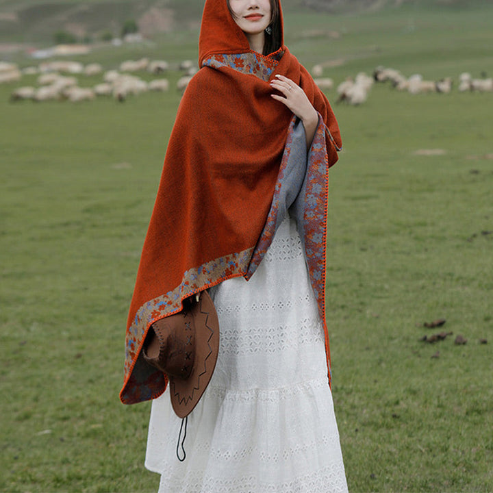 BWOOOH Tibetan Shawl Border Small Floral Flower Hooded Cl