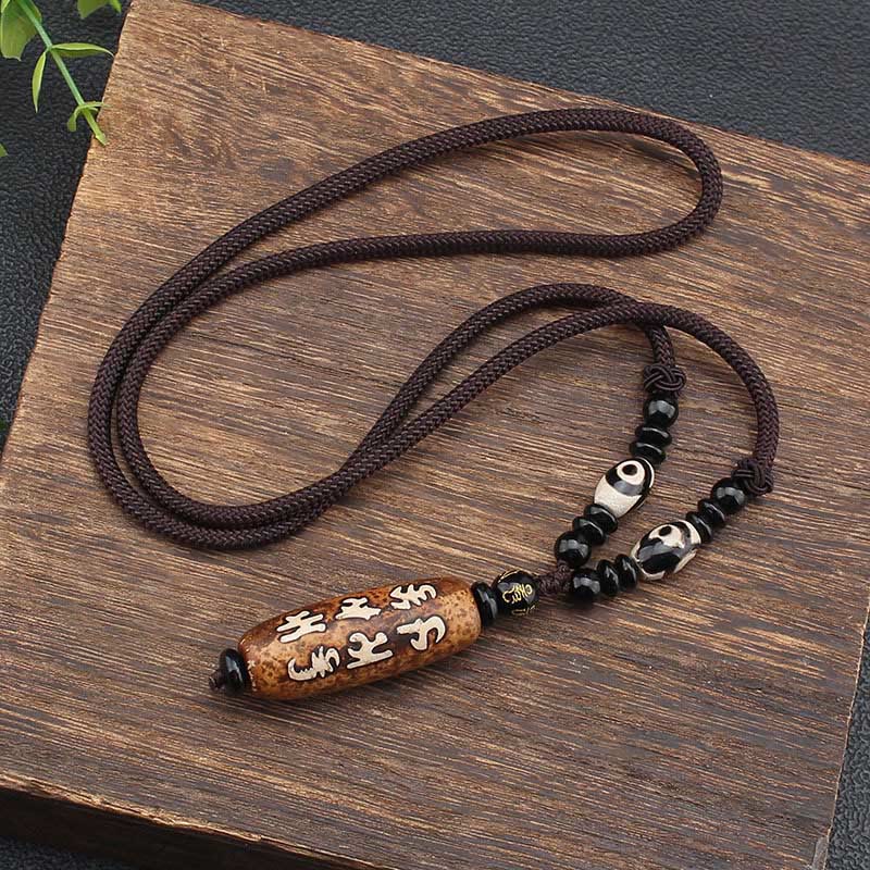 BWOOOH Tibet Om Mani Padme Hum Dzi Bead Avalokitesvara Pattern Wealth Necklace Pendant