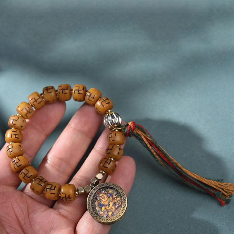BWOOOH Natural Tibetan Camel Bone Swastika Dzi Bead Shankha Buddha Charm Kirtimukha Luck Protection Tassel Bracelet