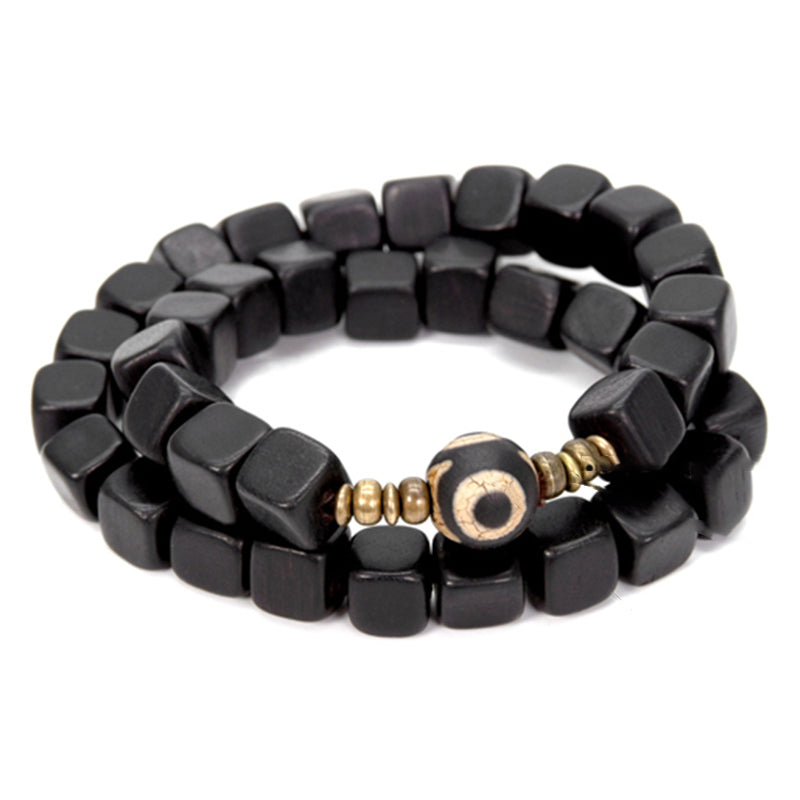 BWOOOH Ebony Wood Dzi Bead Copper Peace Couple Bracelet