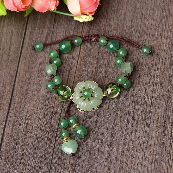 BWOOOH Natural Green Jade Luck Dangling Flower Bracelet