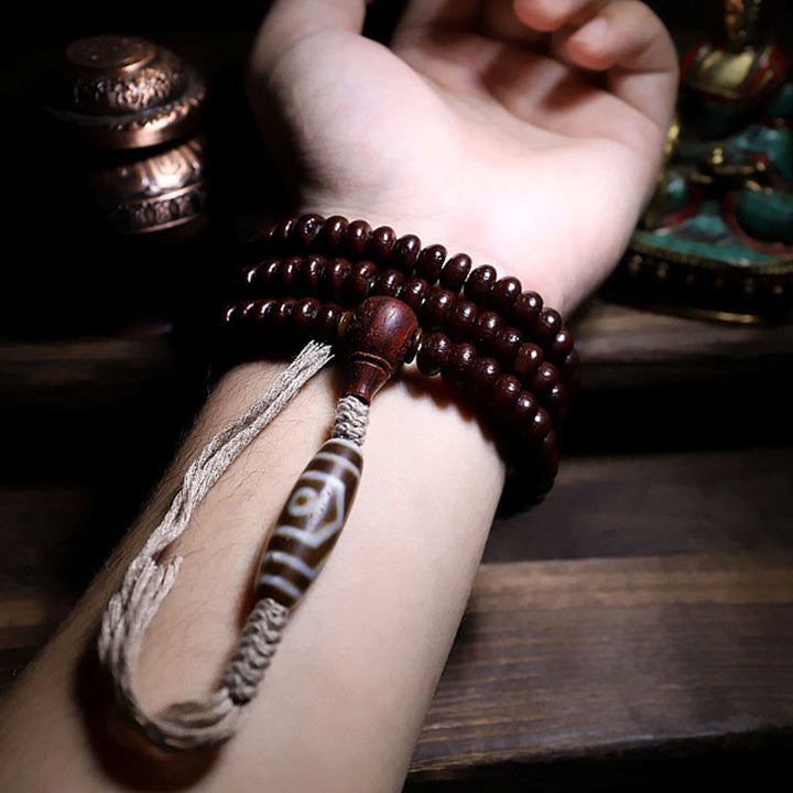 BWOOOH Natural Tibet 108 Mala Beads Purple Bodhi Seed Three-eyed Dzi Bead Copper Dorje Harmony Bracelet