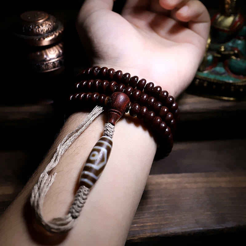BWOOOH Natural Tibet 108 Mala Beads Purple Bodhi Seed Three-eyed Dzi Bead Copper Dorje Harmony Bracelet
