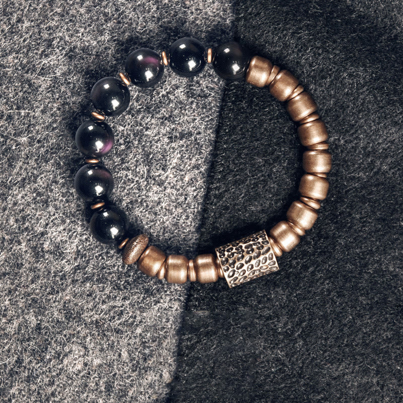 BWOOOH Lava Rock Stone Rainbow Obsidian Brass Support Healing Bracelet