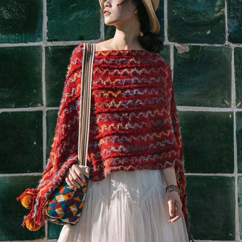 BWOOOH Tibetan Colorful Striped Shawl Tassels Pullover Wi