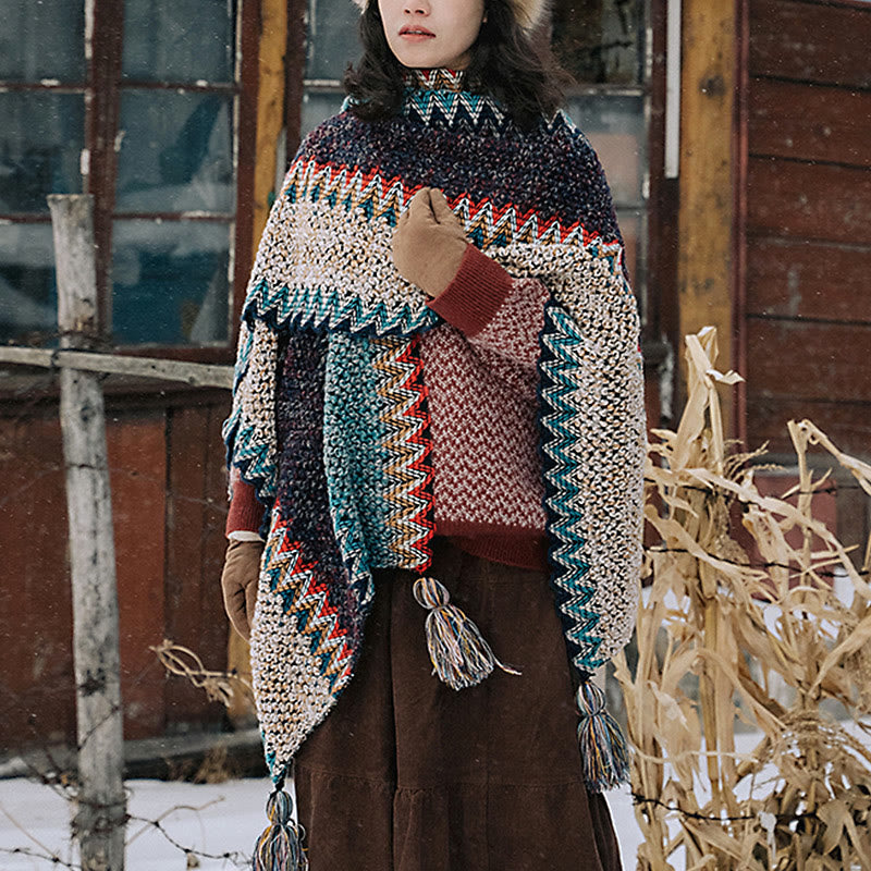 BWOOOH Tibetan Shawl Blue Beige Red Wavy Pattern Winter W