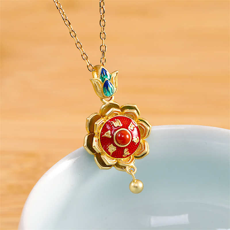 BWOOOH 925 Sterling Silver Tibet Lotus Prayer Wheel Red Agate Enlightenment Necklace Pendant 45cm