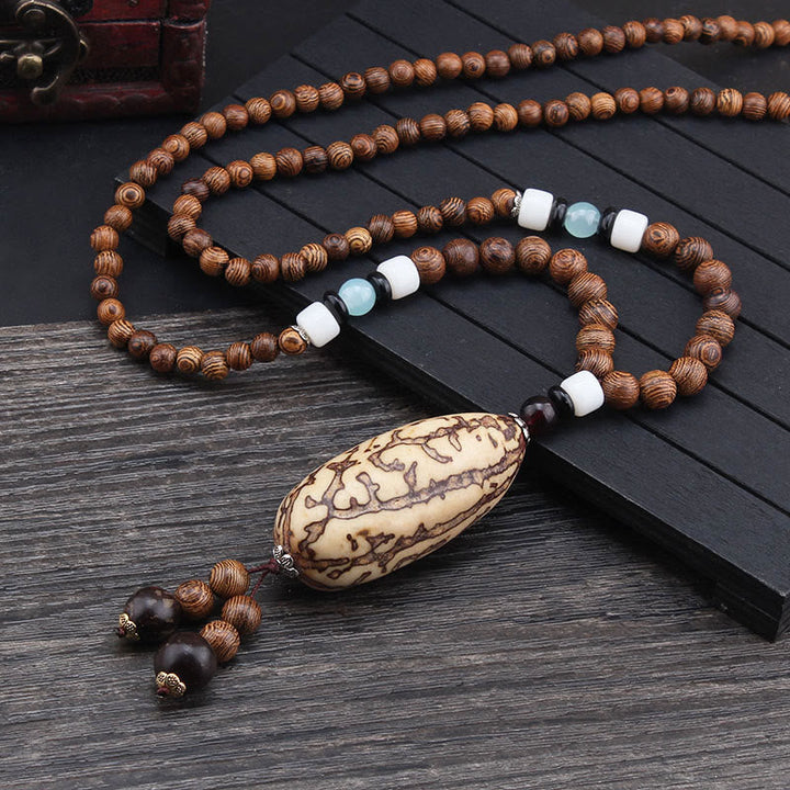 BWOOOH Tibetan Wenge Wood Bodhi Seed Agate Balance Peace Necklace Pendant