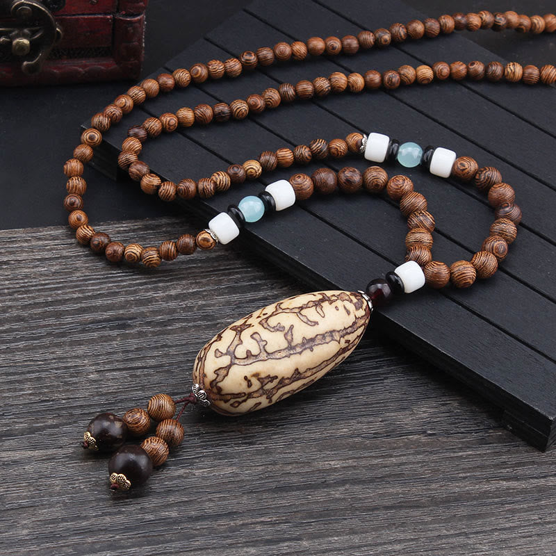 BWOOOH Tibetan Wenge Wood Bodhi Seed Agate Balance Peace Necklace Pendant