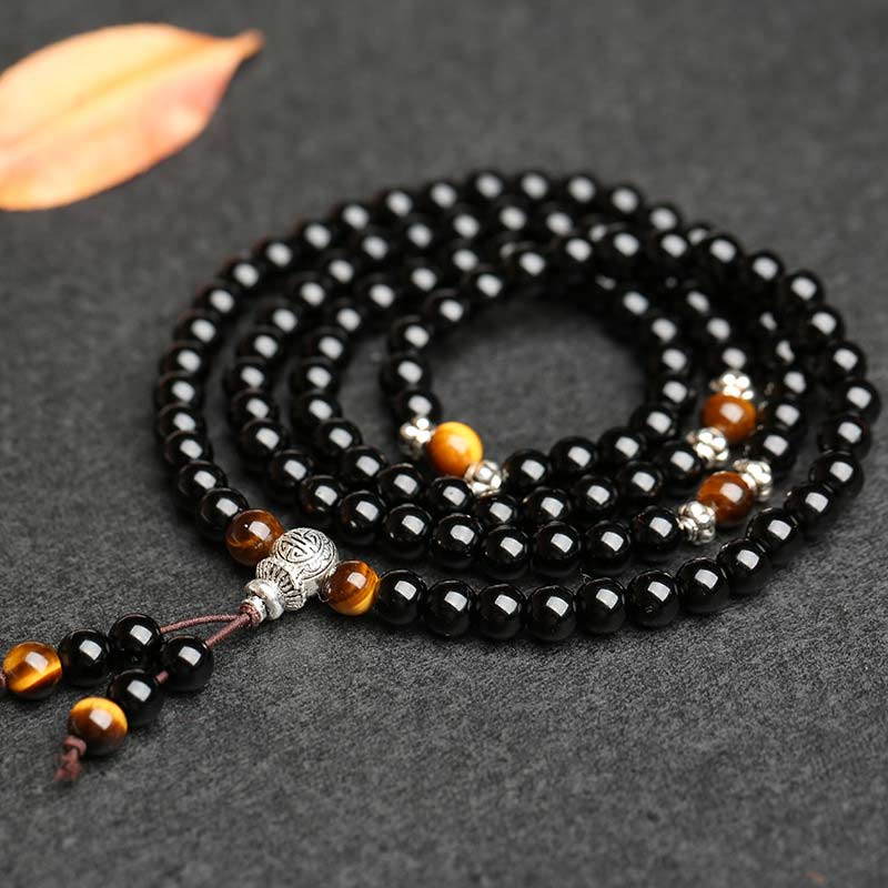 BWOOOH Black Obsidian Tiger Eye Blessing Mala Bracelet