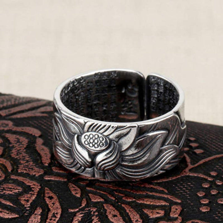 BWOOOH 999 Sterling Silver Lotus Symbol Heart Sutra Protection Ring