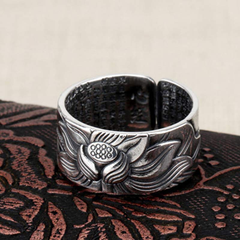 BWOOOH 999 Sterling Silver Lotus Symbol Heart Sutra Protection Ring