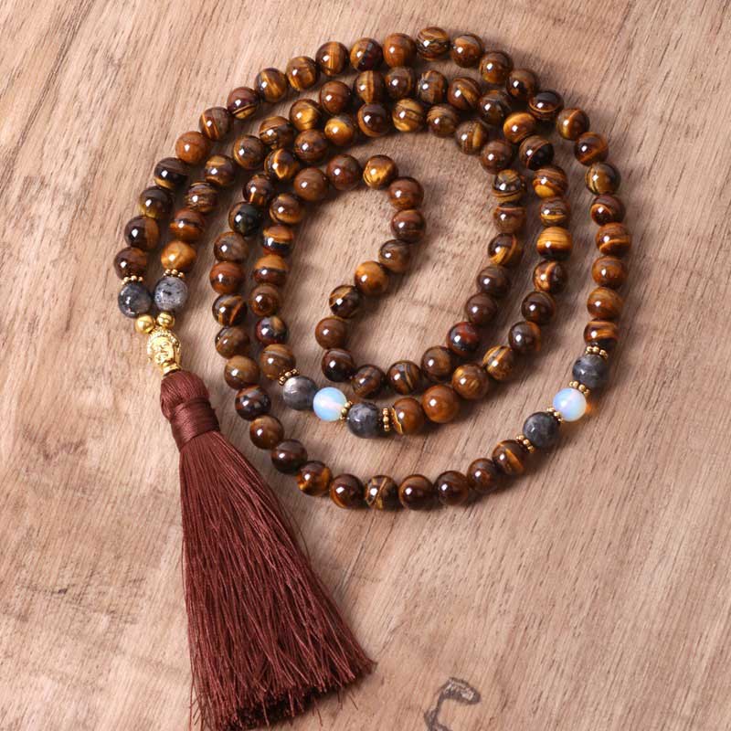 BWOOOH Tibetan Tiger Eye Buddha strength power beaded tassel pendant necklace — Tibetan Buddhist necklace for protection courage and wisdom