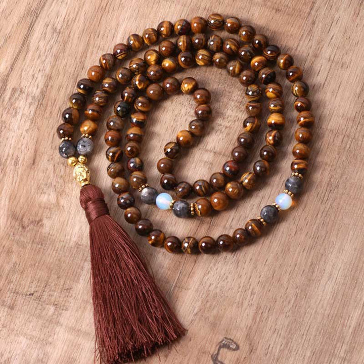 BWOOOH Tibetan Tiger Eye Buddha strength power beaded tassel pendant necklace — Tibetan Buddhist necklace for protection courage and wisdom