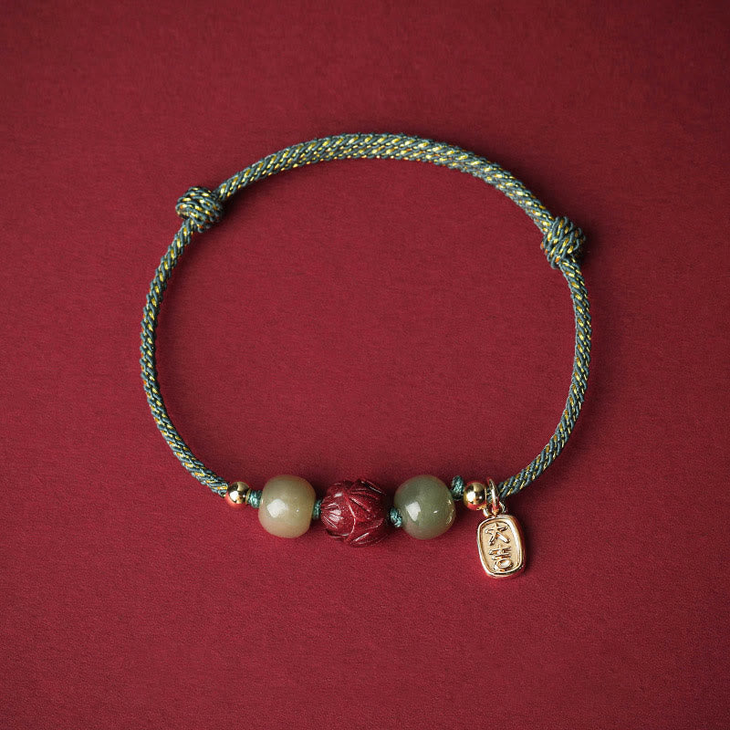 BWOOOH 14K Gold Plated Hetian Jade Cinnabar Lotus Luck Handcrafted Rope Bracelet  -  Gold Plated jade bracelet for spiritual...