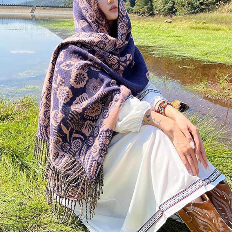 BWOOOH Tibetan Flower Floral Leaves Pattern Design Shawl 