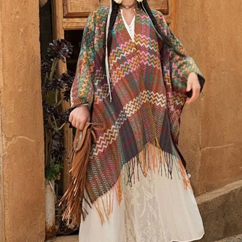BWOOOH Tibetan Shawl Colorful Wavy Striped Shapes Tassels