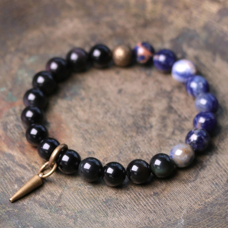 BWOOOH Black Obsidian Sodalite Crystal Copper Strength Couple Bracelet