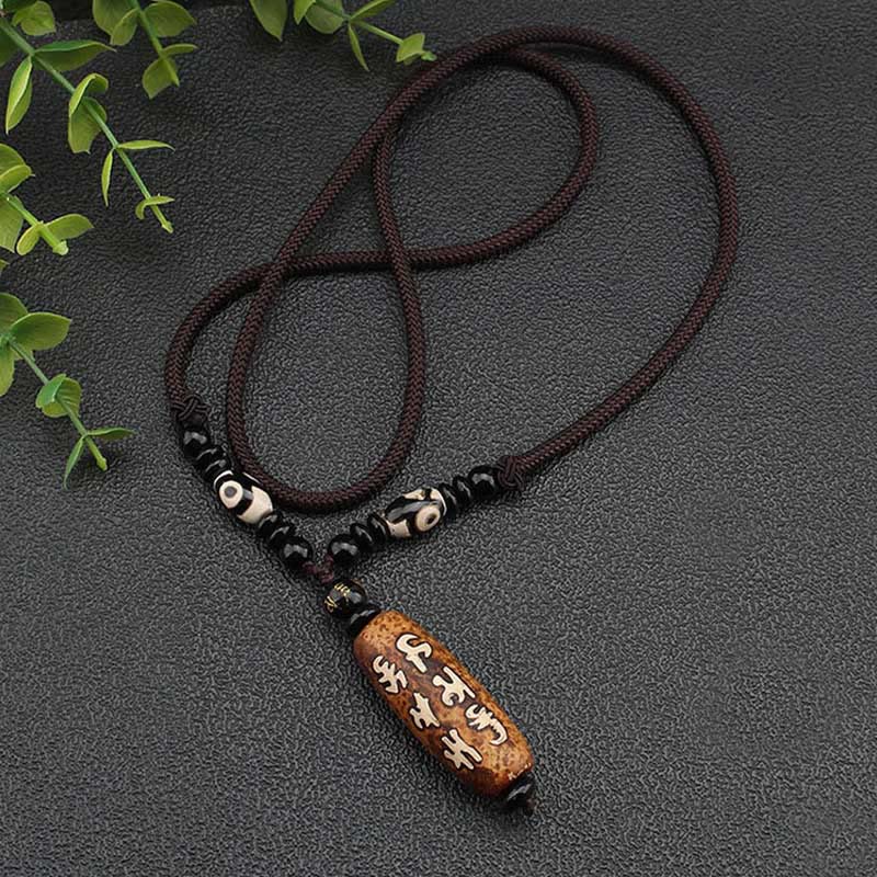 BWOOOH Tibet Om Mani Padme Hum Dzi Bead Avalokitesvara Pattern Wealth Necklace Pendant