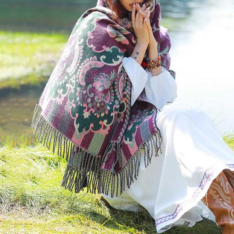 BWOOOH Tibetan Flowers Leaves Branch Design Tassel Shawl 