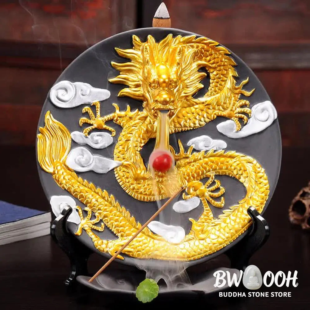 Dragon Ceramic Backflow Smoke Fountain Meditation Incense Burner - Gold - Incense Burner