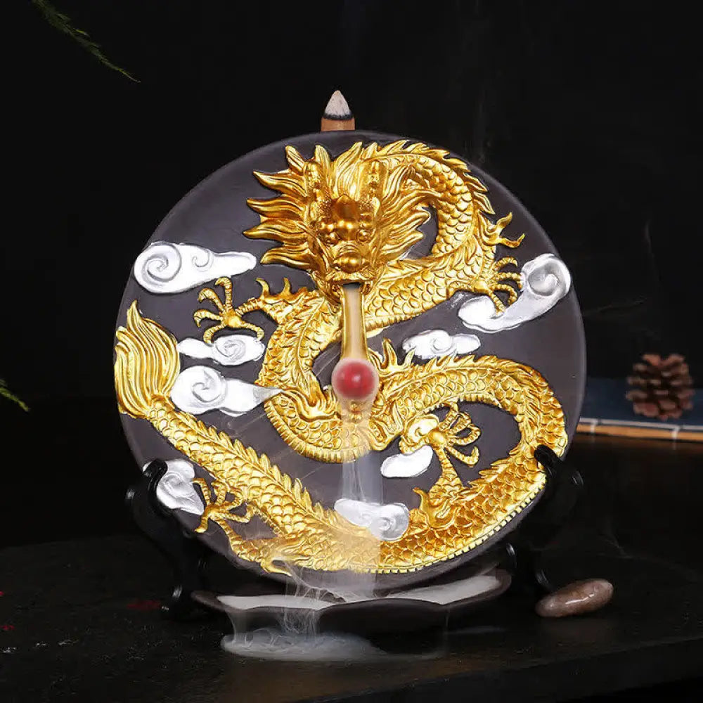 Dragon Ceramic Backflow Smoke Fountain Meditation Incense Burner - Gold - Incense Burner