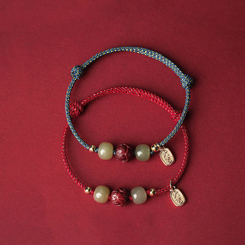 BWOOOH 14K Gold Plated Hetian Jade Cinnabar Lotus Luck Handcrafted Rope Bracelet  -  Gold Plated jade bracelet for spiritual...