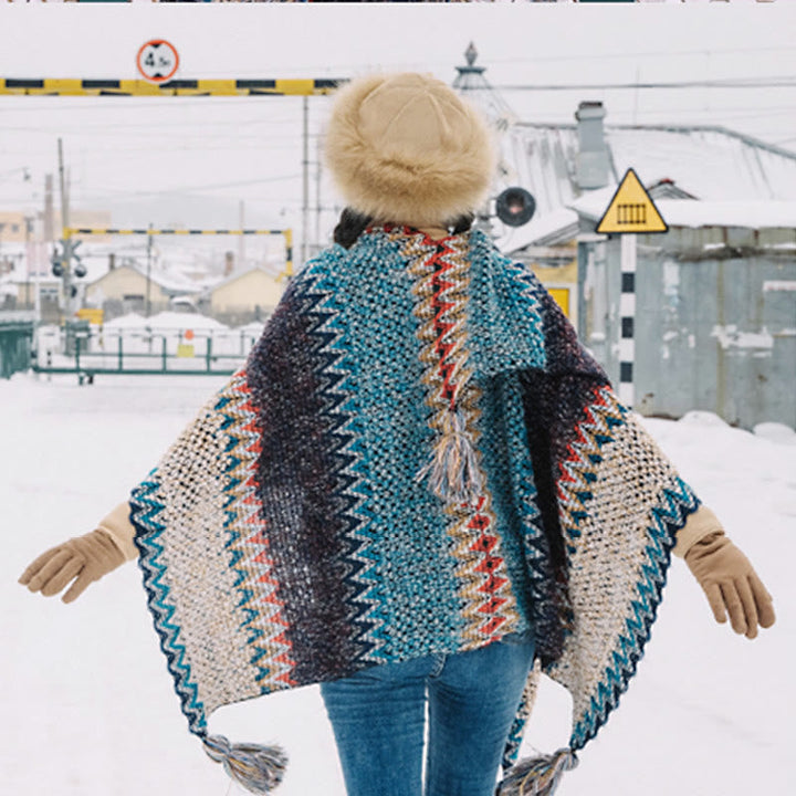 BWOOOH Tibetan Shawl Blue Beige Red Wavy Pattern Winter W