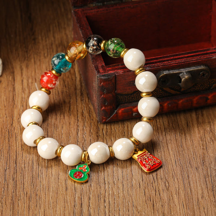 BWOOOH Tibetan Incense Ash Porcelain Luminous Fluorescent Liuli Glass Bead Gourd Copper Coin Charm Peace Bracelet