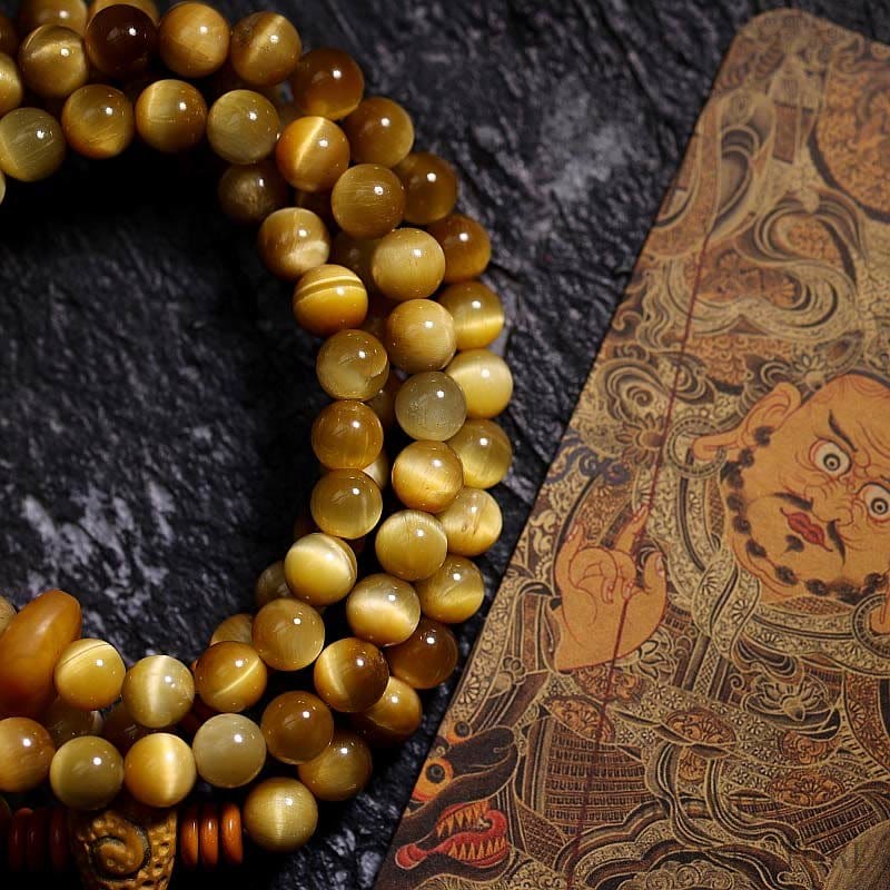BWOOOH 108 Mala Beads Natural Tiger Eye Copper Dorje Protection Tassel Bracelet